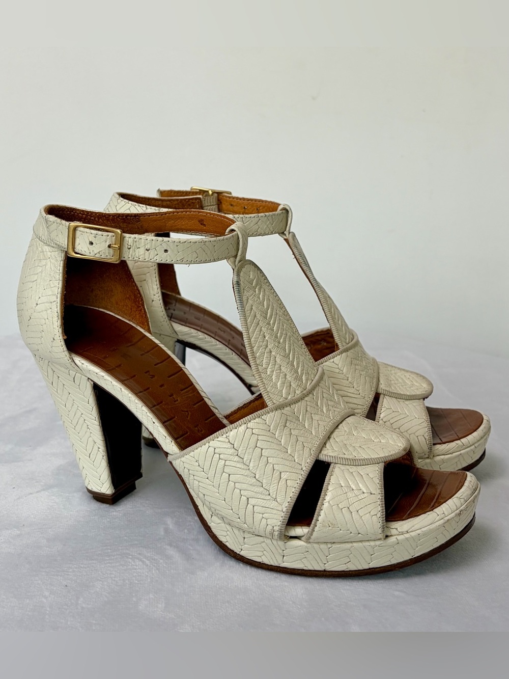 Chie Mihara Braided Leather T-Strap Heels, Cream, 36, EUC - Picture 2 of 12